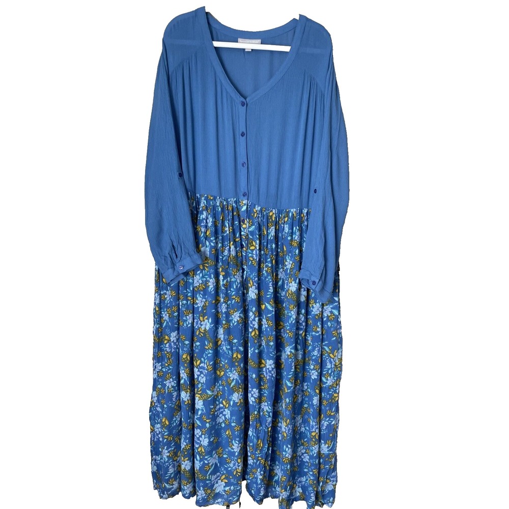 Woman Within Blue Yellow Floral Maxi Button Front Cottage Boho Modest Size 28W - Picture 2 of 9